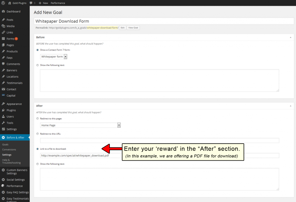 Enter your reward in the After section (in this example, a PDF file of a whitepaper)