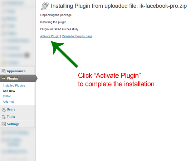 Wordpress" Plugin is finished uploading; now click Activate Plugin to complete the installation